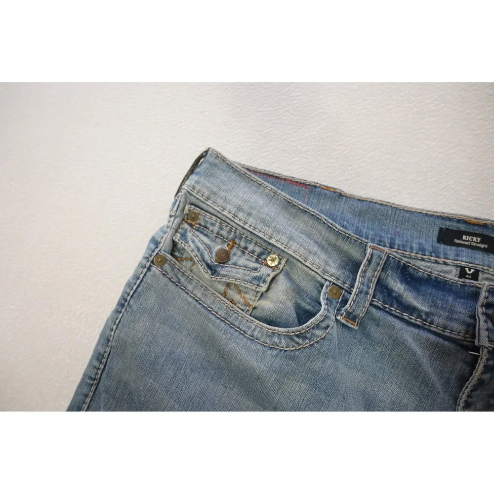 True Religion Ricky Relaxed Straight Jeans Stretch Mens 44x34 Blue Excellent